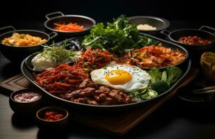 ai generiert ein Sammlung von Koreanisch Geschirr auf ein Tablett foto