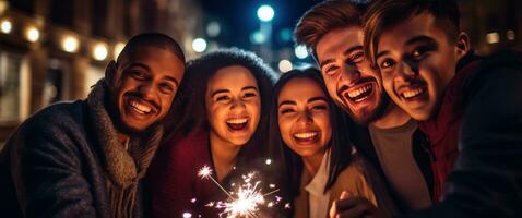 ai generiert Gruppe von Menschen halt Wunderkerzen zum Neu Jahr Feierlichkeiten zusammen, foto