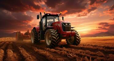 ai generiert ein klein rot Traktor Fahren im ein Feld beim Sonnenuntergang foto