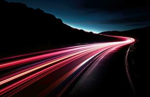 ai generiert ein lange Exposition Schuss von Autos Verlassen ein rot Licht Weg auf das schwarz Autobahn foto