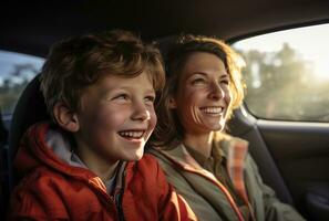 ai generiert ein Mama und seine Sohn Arbeiten zusammen auf ein Straße Ausflug während Fahren foto