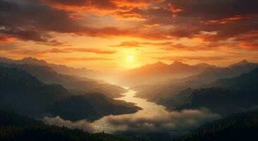 ai generiert ein Sonnenaufgang Über Berge im ein animiert Szene foto