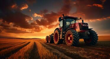 ai generiert ein klein rot Traktor Fahren im ein Feld beim Sonnenuntergang foto