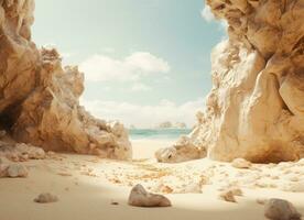 ai generiert ein Bild ist gezeigt von ein klein Felsen im das Sand auf ein Strand foto