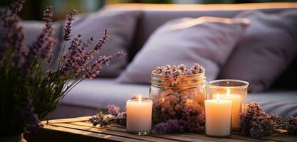 ai generiert Kerzen und Lavendel Blumen auf das Sofa mit Kerzen auf das Holz foto