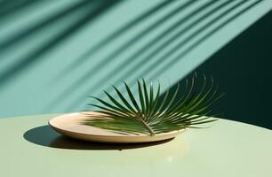 ai generiert das Schatten von ein Palme Blatt ist gesehen im das Hintergrund Über ein Grün Tabelle foto