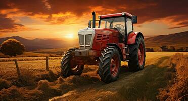 ai generiert diese ist ein Bild von ein Traktor im das Feld, beim Sonnenuntergang foto