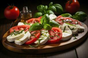 ai generiert mit ein Basilikum Blatt Schnitt von das Blätter von ein Tomate, Mozzarella auf oben foto