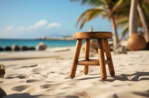 ai generiert hölzern Schemel auf ein Strand in der Nähe von ein Palme Baum foto