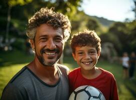 ai generiert jung Fußball Spieler und seine Vater posieren mit und Ball foto