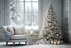 ai generiert Winter Weiß Leben Zimmer mit Weihnachten Baum foto