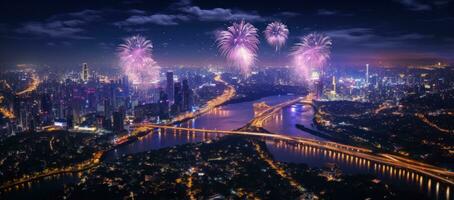 ai generiert ein Antenne Bild von Feuerwerk Über Bangkok wie es Licht oben das Nacht Himmel foto