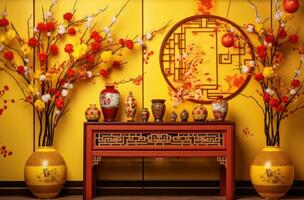 ai generiert Chinesisch Neu Jahr im das Haus mit Blumen und Ornamente, foto