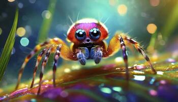ai generiert Mikro Wunder. ein Nahansicht Makro Foto Erfassen das winzig, Niedlich, und bezaubernd Farben von ein Spinne, Enthüllung das Schönheit im das klein Wunder von Natur.