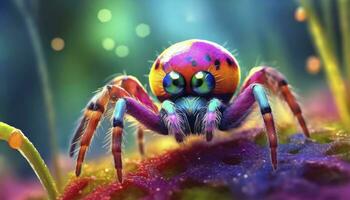 ai generiert Mikro Wunder. ein Nahansicht Makro Foto Erfassen das winzig, Niedlich, und bezaubernd Farben von ein Spinne, Enthüllung das Schönheit im das klein Wunder von Natur.