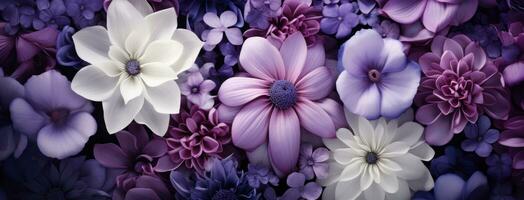 ai generiert verschiedene lila, schwarz und Weiß Blumen foto