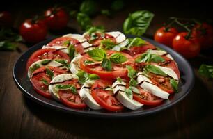 ai generiert Tomaten, Mozzarella, Basilikum und Basilikum foto