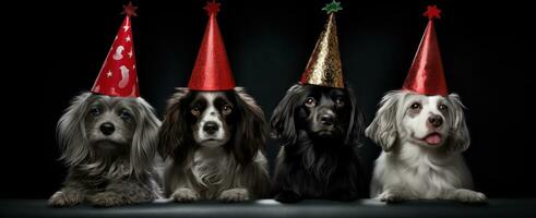 ai generiert vier Hunde im Geburtstag Hüte, foto