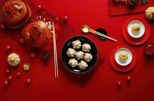 ai generiert Knödel und xiao lange bao auf rot Tabelle mit Essstäbchen, ich foto