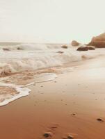 ai generiert Ozean Wellen auf das Strand mit etwas Felsen foto