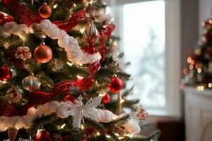 gemütlich Leben Zimmer mit schön Weihnachten Baum und rot Geschenke im modern Innere. Innere von Leben Zimmer dekoriert zum fröhlich Weihnachten mit Socken, Geschenk Kisten und Weihnachten Zubehör durch ai generiert foto