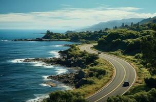 ai generiert ein Fahrzeug fährt auf ein Wicklung Straße in der Nähe von ein Meer foto