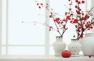 ai generiert rot Laternen und Blumen gegen ein Weiß Stein Hintergrund foto