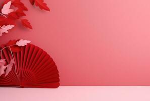ai generiert rot Papier Ventilator mit rot Blätter und Knospen und Rosa Hintergrund foto
