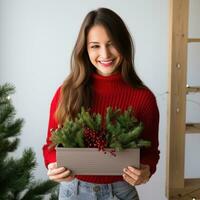 ai generiert Frau tragen rot Sweatshirt halten hölzern Pflanzer, foto