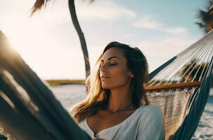 ai generiert Frau Sitzung im Hängematte auf das Strand mit ihr Augen geschlossen foto