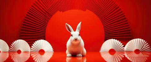ai generiert Weiß Kaninchen und Fans auf rot Tabellen foto