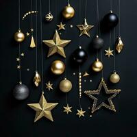ai generiert verschiedene Weihnachten Dekorationen mit Sterne und Bälle auf schwarz Hintergrund foto