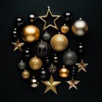 ai generiert verschiedene Weihnachten Dekorationen mit Sterne und Bälle auf schwarz Hintergrund foto