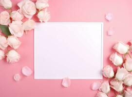 ai generiert Rahmen mit Rosa Blumen und leer Blatt auf ein Rosa Hintergrund foto