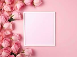 ai generiert Rahmen mit Rosa Blumen und leer Blatt auf ein Rosa Hintergrund foto