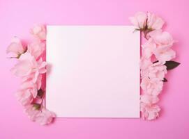ai generiert Rahmen mit Rosa Blumen und leer Blatt auf ein Rosa Hintergrund foto