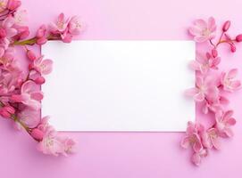 ai generiert leer Karte mit Rosa Blumen auf Rosa Hintergrund foto