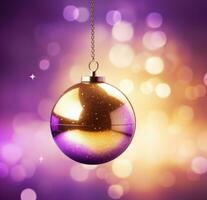 ai generiert ein golden Weihnachten Ornament auf lila Hintergrund, foto