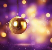 ai generiert ein golden Weihnachten Ornament auf lila Hintergrund, foto