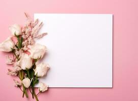 ai generiert Weiß leer Papier Platz und Rosa Blumen foto