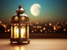 ai generiert Ramadan Laterne Hintergrund mit Mond ein Laterne und Halbmond Mond foto