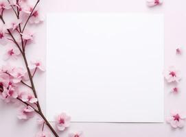 ai generiert Weiß leer Papier Platz und Rosa Blumen foto