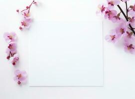 ai generiert Weiß leer Papier Platz und Rosa Blumen foto