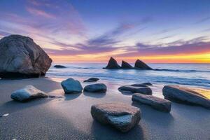 ai generiert schön Felsen auf das Strand beim Sonnenuntergang. Profi Foto