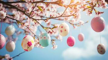 ai generiert ein atemberaubend Foto von ein Blühen Kirsche blühen Baum mit bunt Ostern Eier hängend von es ist Geäst