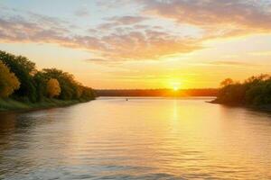 ai generiert golden Stunde Sonnenuntergang auf das See. Profi Foto