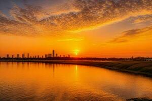 ai generiert golden Stunde Sonnenuntergang auf das Fluss. Profi Foto