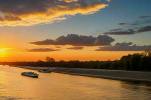 ai generiert golden Stunde Sonnenuntergang auf das Fluss. Profi Foto