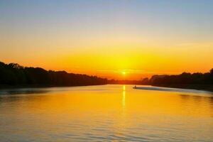 ai generiert golden Stunde Sonnenuntergang auf das See. Profi Foto