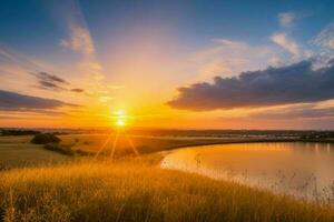 ai generiert golden Stunde Sonnenuntergang auf das Fluss. Profi Foto